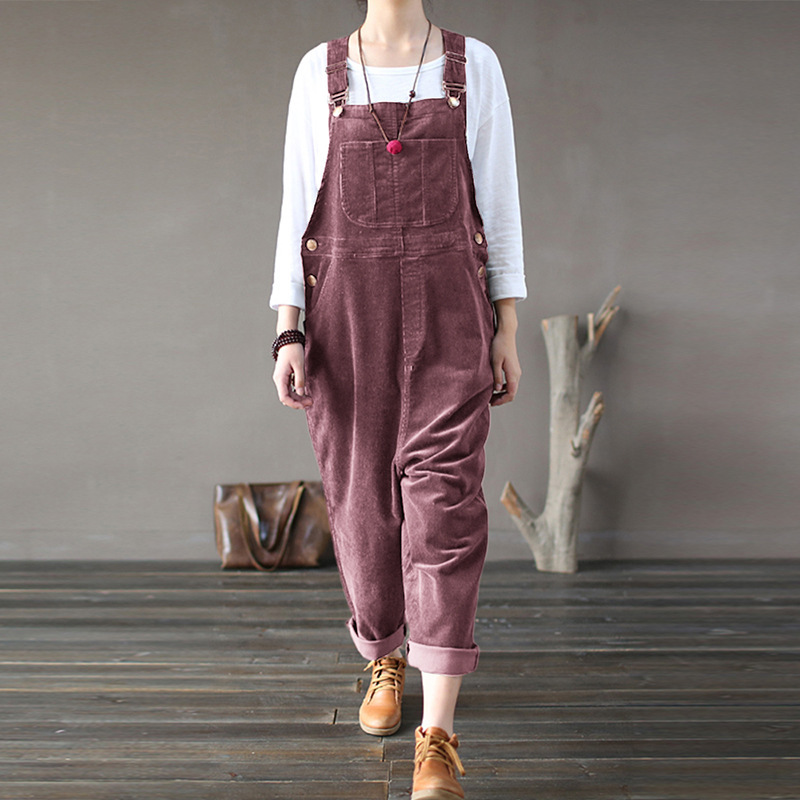 Women Fashion Vintage Corduroy Solid Color Casual Long Overalls Jumpsuits