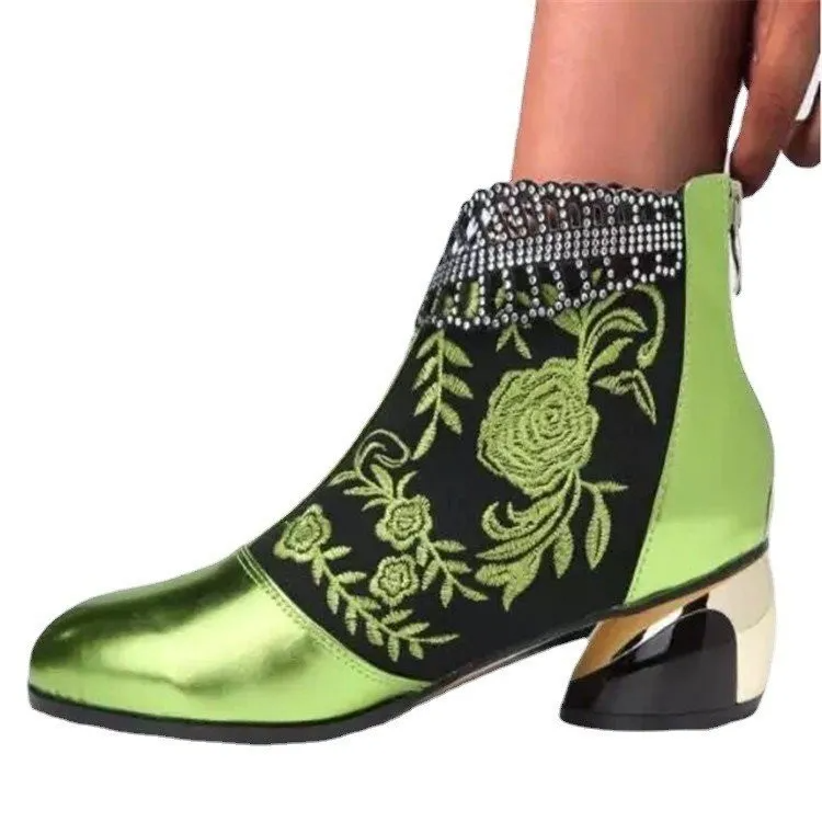 Women Fashion Ethnic Style Embroidered Rhinestone Chunky Heel Short Boots