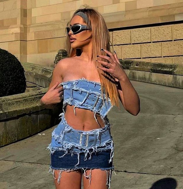 Fashion Women Sexy Street Style Raw Hem Denim Tube Top And Skirt Set