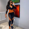 Women Fashion Color Blocking Zipper Top And Pants Sport Two Pieces Set