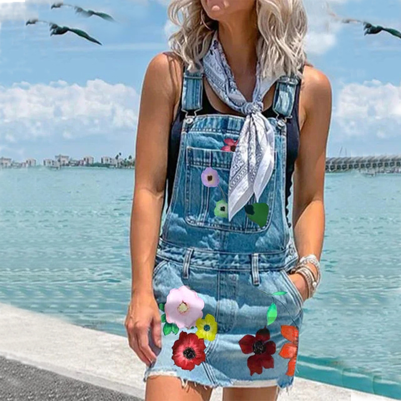 Women Fashion Casual Floral Printing Denim Suspender Dress