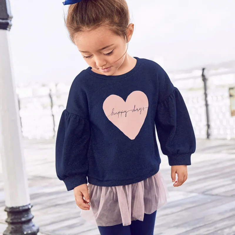 Girls Heart-Shaped Letter Pattern Bubble Sleeves Sweatshirt