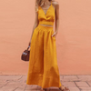 Fashion Summer Casual Vacation Women Solid Color V Neck Crop Top And High Waist Wide Leg Pants Two Pieces Set