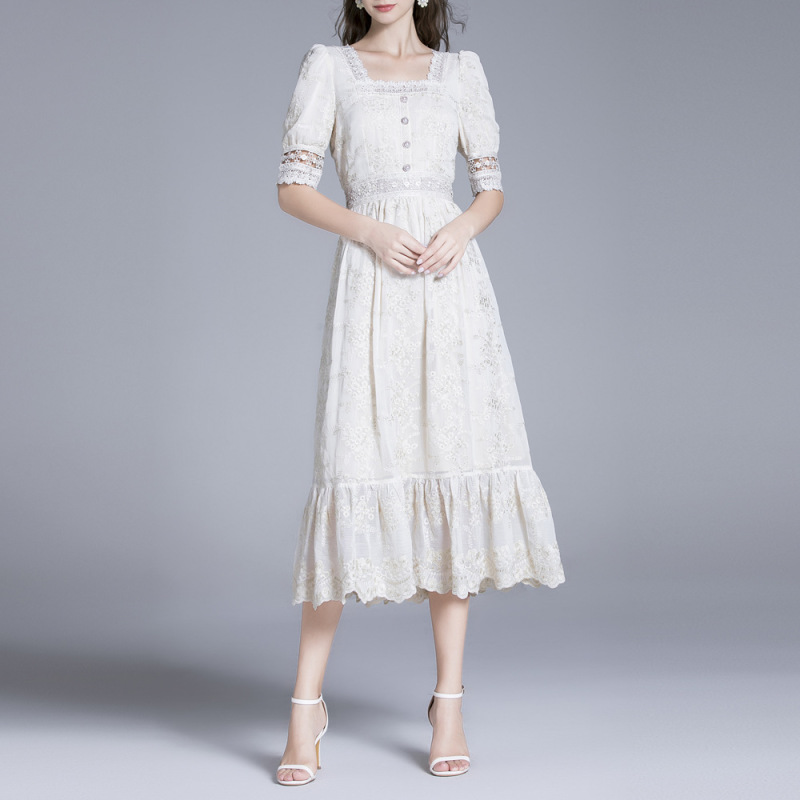 Women Elegant Soft Slim-Fit Square Neck Lace Stitching Embroidery Mesh Ruffled Dress