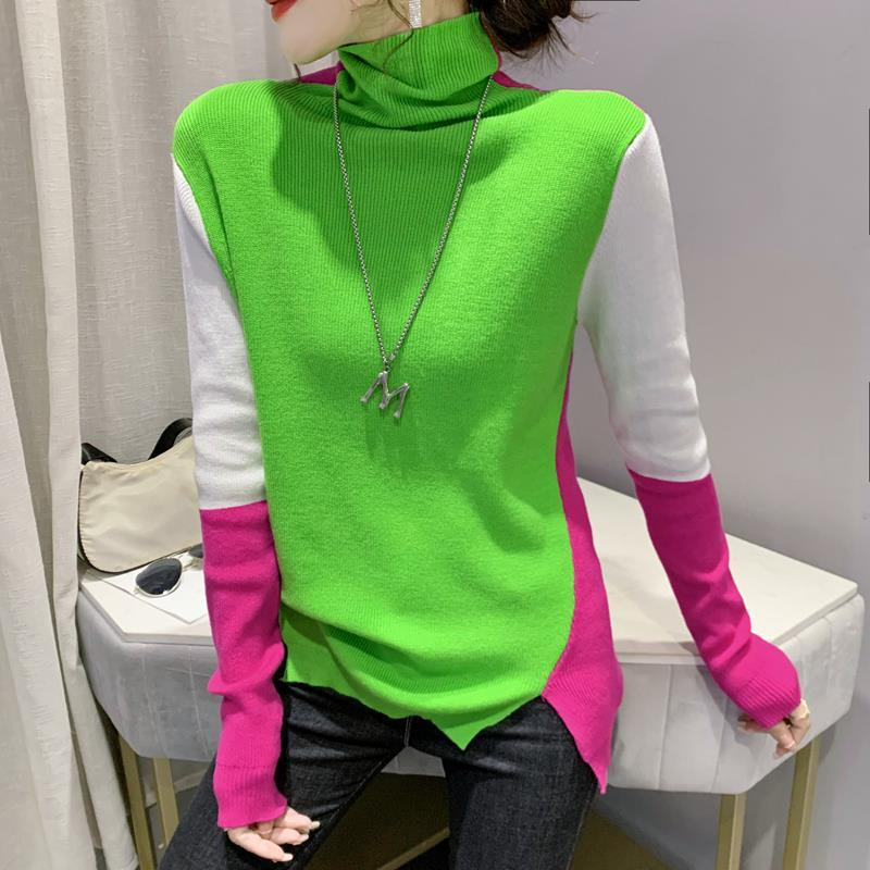 Women Fashion Stitching Pullover Turtleneck Sweater