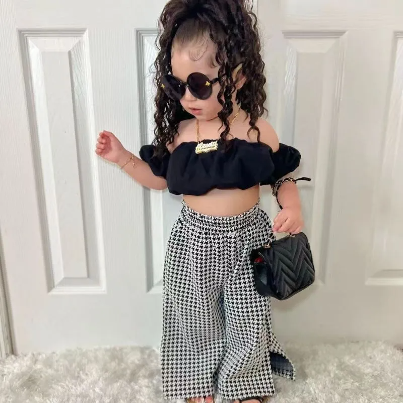 Kids Toddler Girls Summer Fashion Casual Cute Sweet Solid Color Boat Neck Puff Sleeve Houndstooth Trousers Set