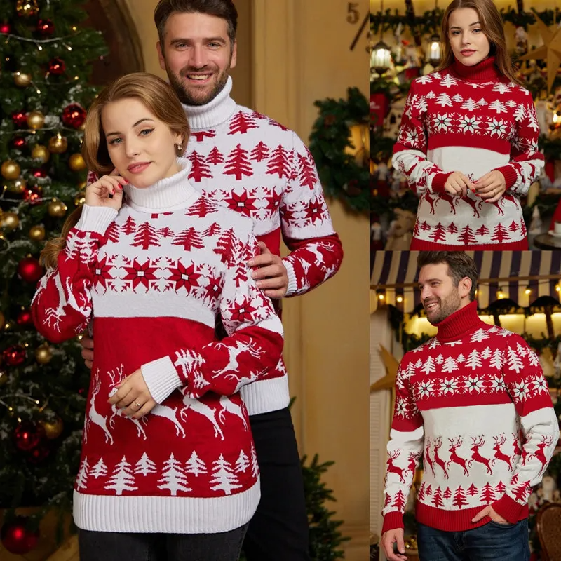 Sweet Casual Couple Knitwear Turtle Neck Christmas Theme Jacquard Knitted Sweater