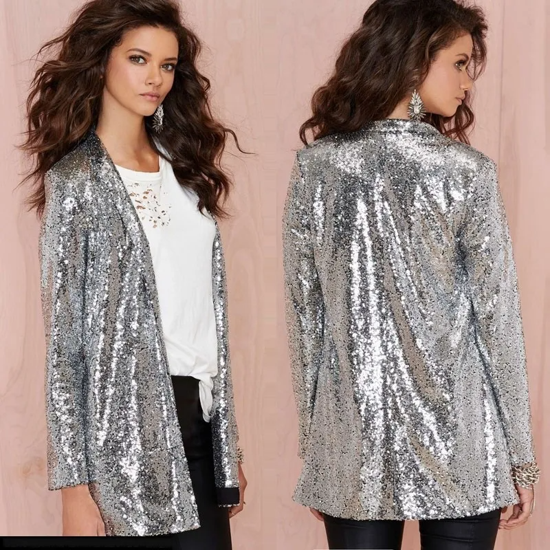 Women Fashion Shiny Sequin Long Sleeve Party Stage Blazer Coat