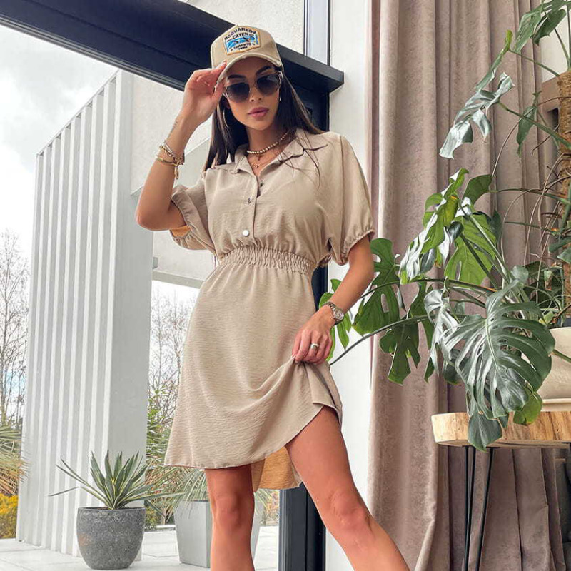 Women Fashion Casual Solid Color Lapel Single-Breasted Short Sleeve Dress