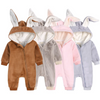 Kids Baby Boys Girls Autumn Winter Casual Cute Solid Color Rabbit Ears Fleeces Long Sleeve Hooded Bodysuit