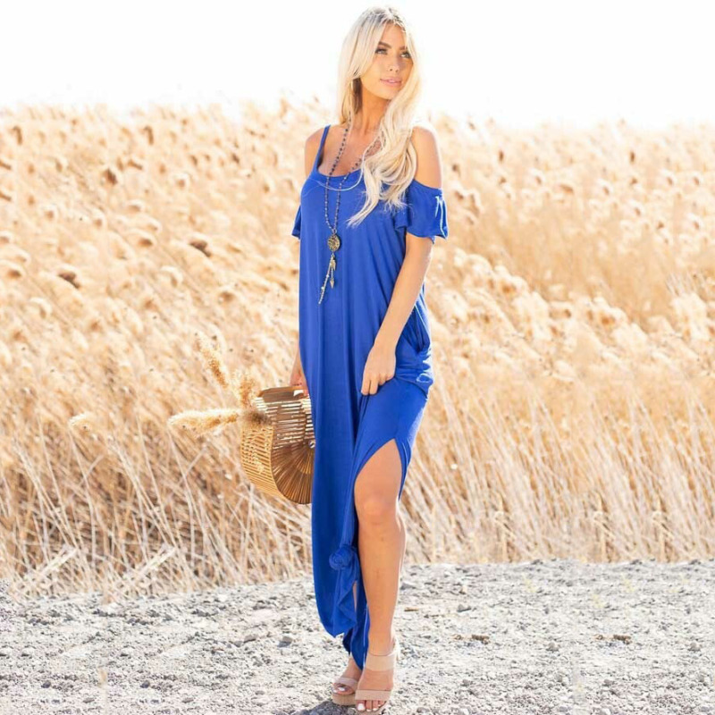 Women Fashion Casual Solid Color Cool-Shoulder Slip Slit Long Dress