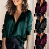 Women Fashion Elegant Pullover V-Neck Solid Color Satin Long-Sleeved Shirt Blouse