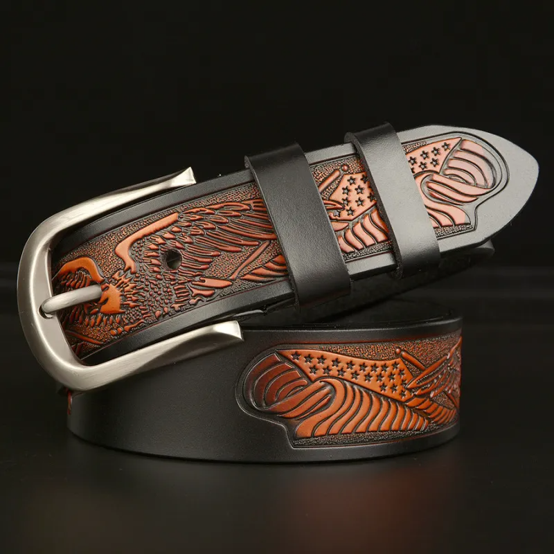 Men Fashion Casual Business Colorblock Carving Leather Metal Buckle Belt