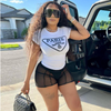 Women Fashion Basic Letter Print Short-Sleeved T-Shirt Mesh See-Through Shorts Two-Piece Set