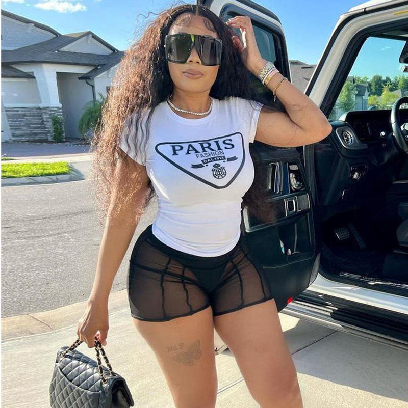 Women Fashion Basic Letter Print Short-Sleeved T-Shirt Mesh See-Through Shorts Two-Piece Set