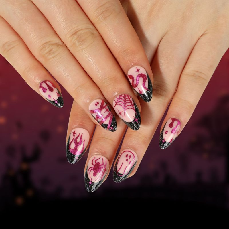 ( Buy 1 Get 2 )  Women Funny Halloween Pink Purple Flame Spider False Nails