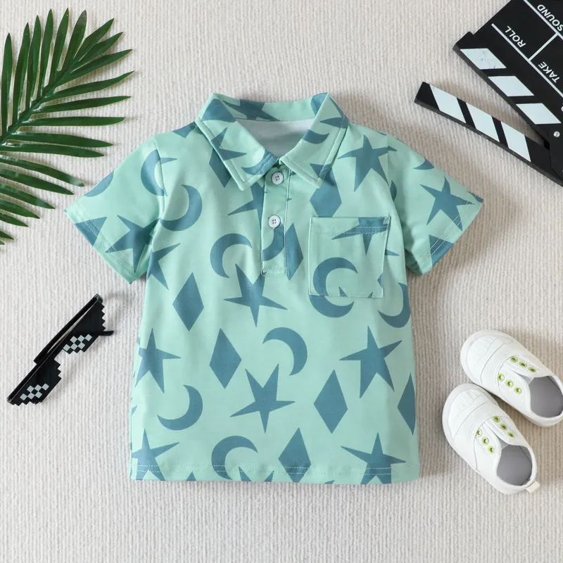 Children Kids Baby Fashion Boys Casual Short-Sleeved Lapel Star Moon Polo T-Shirt