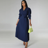 Women Ramadan /Eid Fashion Solid Color Long Sleeve Polo Collar High Waist Pleated Dress