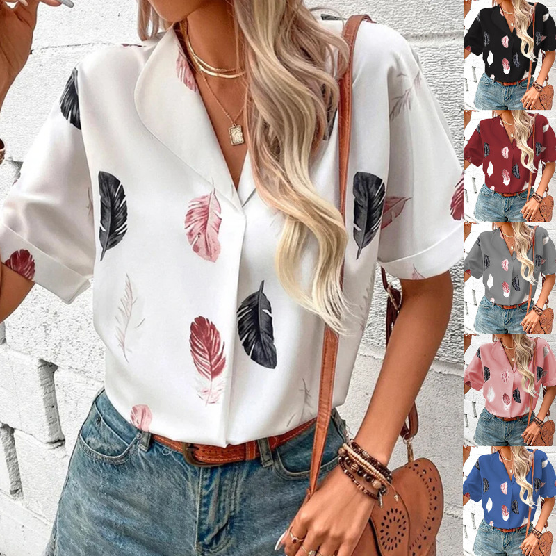 Summer Casual Women'S Lapel Feather Print Short Sleeve Shirt Office Chic Blouse