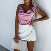 Women Fashion Simple Elegant Solid Color Satin Flower Design Camis Overlap Shorts Set