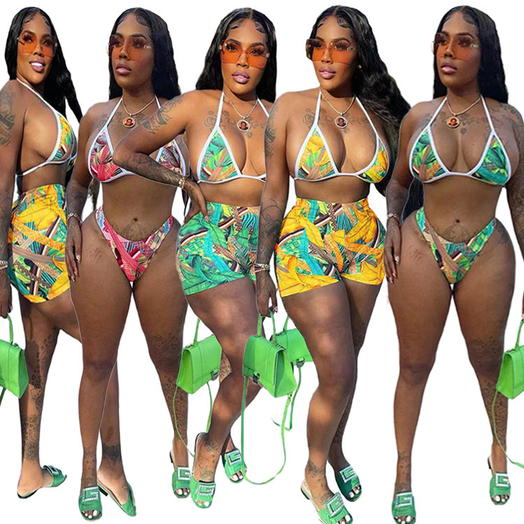 Women'S Fashion Halter Strap Geometric Print Swimsuit Three-Piece Set