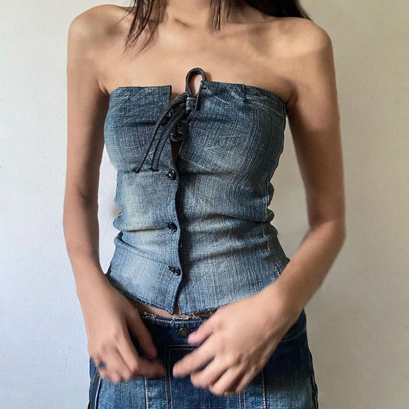 Women'S Fashion Edgy Boat Neck Single-Breasted Denim Tube Top