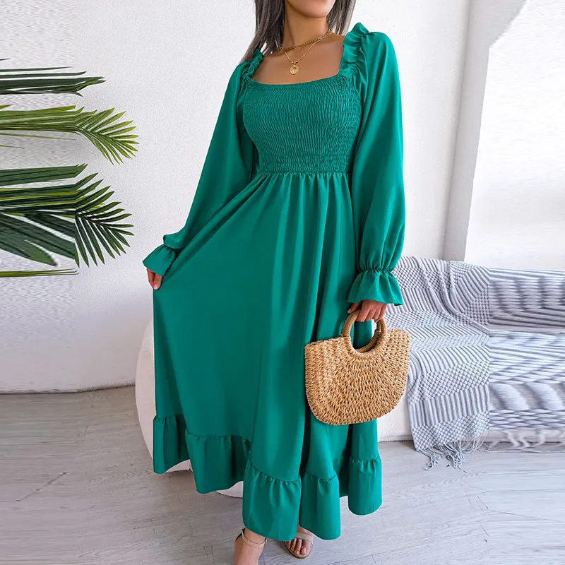 Ramadan /Eid Women Fashion Casual Square Collar Large Ruffled Maxi Dress