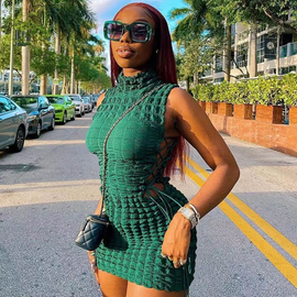 Women Fashionable Slim-Fit Side Cutout Lace-Up Bubble Clothing Mini Dress