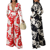 Fashion Casual Floral Printed Sexy V-Neck Long-Sleeved Blouse Wide-Leg Pants Two-Piece Set