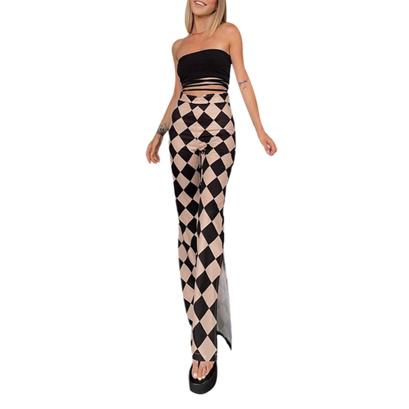 Women'S Fashion Plaid Printing High-Waist Slit Flared Trousers