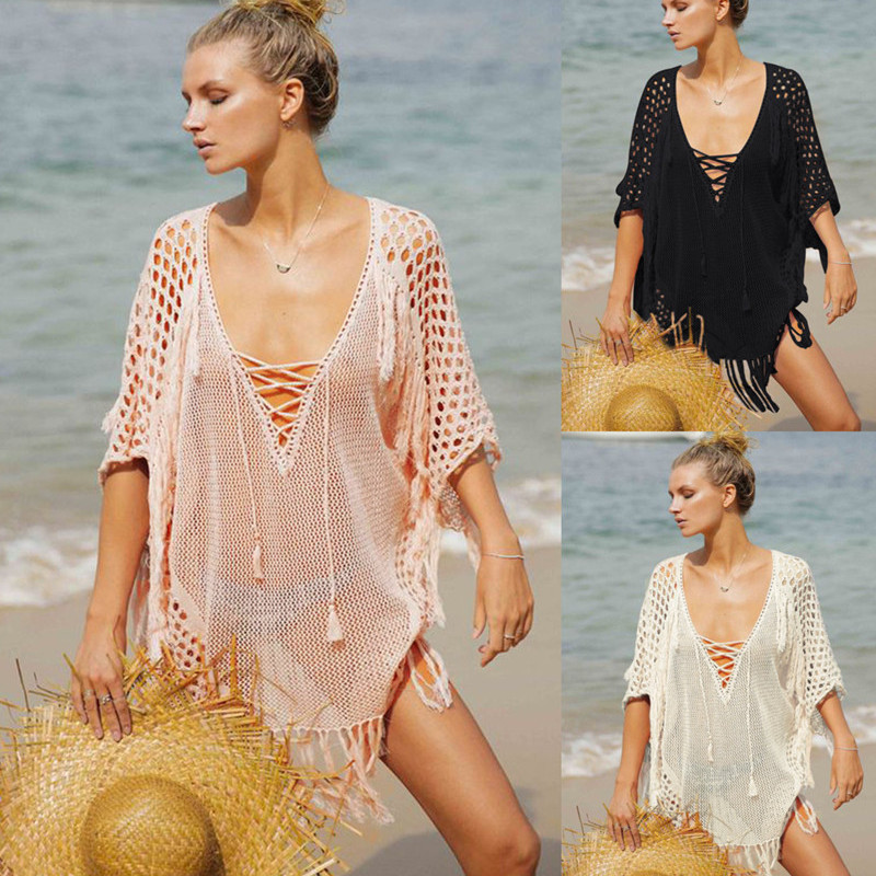 Women Knitted Tassel Beach Sexyv Neck Bikini Swimsuit Cover Up