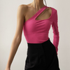 Women Fashion Sexy Edgy Solid Color Irregular Cut Out Long Sleeve Rib-Knit Bodysuit