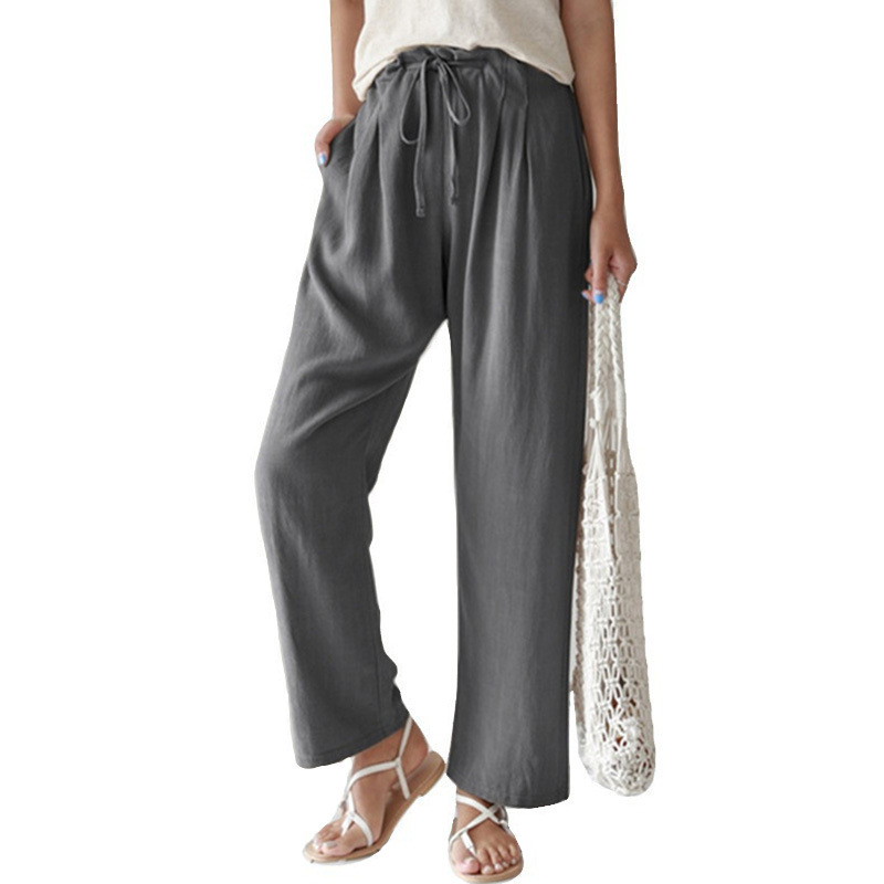 Women'S Fashion Casual Cotton Linen Loose Elastic-Waist Straight Leg Trousers