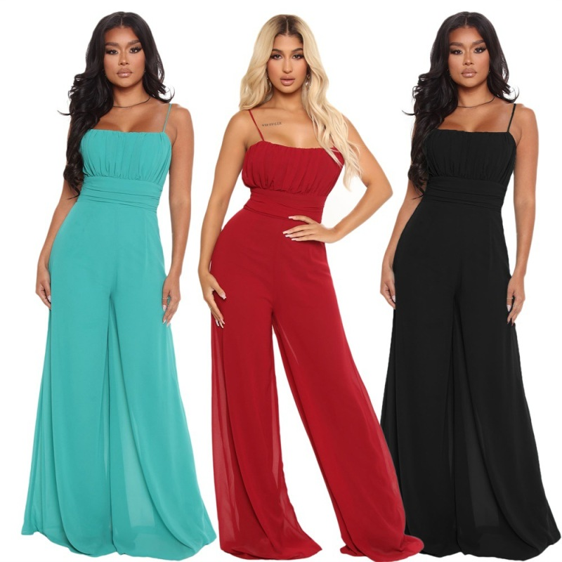 Women Solid Color Suspenders Pleated Backless Loose Casual Wide Leg Jumpsuit