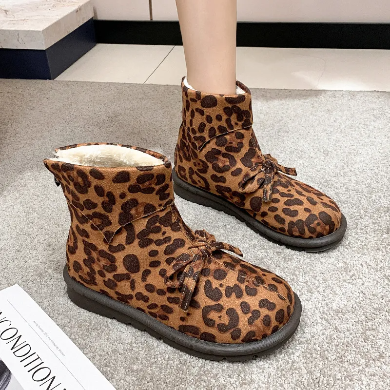 Autumn Winter Women Fashion Plus Size Suede Bow Round Toe Flat Snow Boots