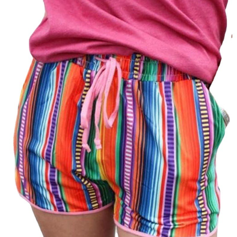 Women Casual Drawstring Contrast Rainbow Color Shorts