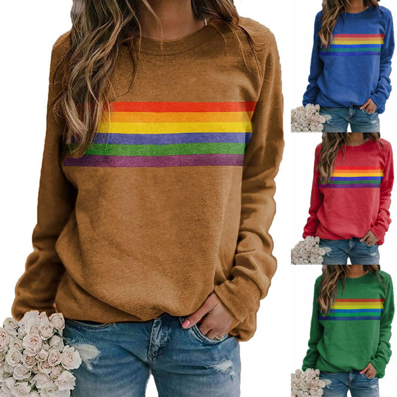 Fashion Women'S Multicolor Stripe Printed Round Neck Pullover Long Sleeve Sweatshirt