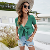 Women Solid Color Short Sleeve Cropped V-Neck Bow Lace Up Top