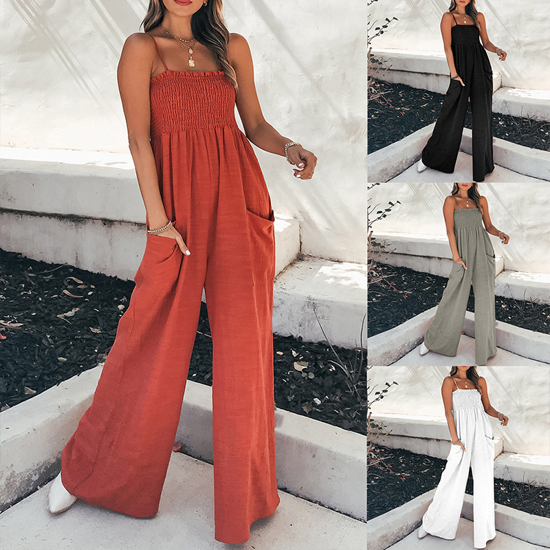 Women Solid Color Sling Stretchy High Waist Wide Leg Casual Jumpsuits