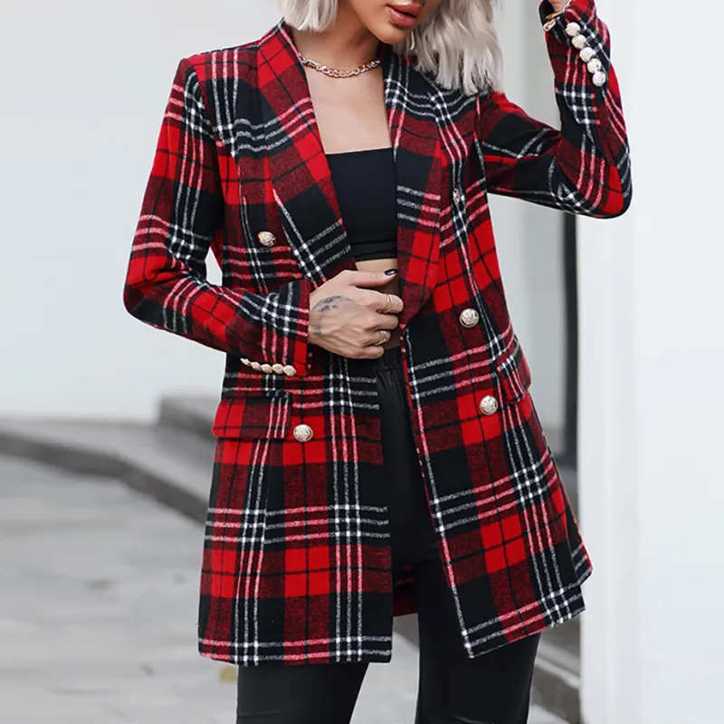 Women Fashion Red Plaid Long Blazers