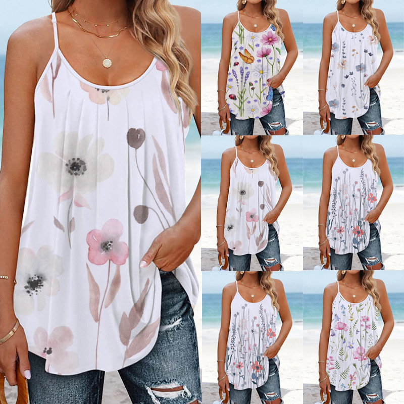 Fashion Women Casual Round Neck Floral Printing Loose Camis