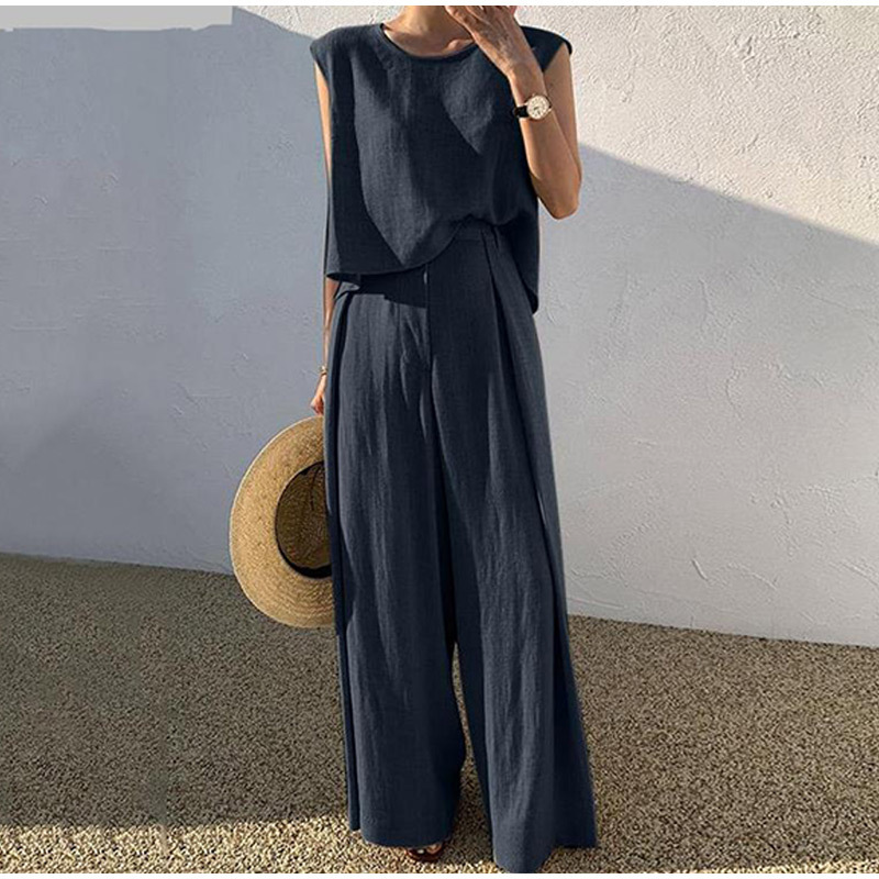 Summer Women Fashion Solid Color Sleeveless Elegant Top Loose Two-Piece Pants Sets