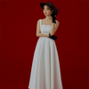 Hepburn Style Women White Simple Satin Sling High Waist Wedding Party Dress