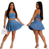 Fashion Women'S Solid Color Denim Stretchy Camis And Mini Skirt Two-Piece Set