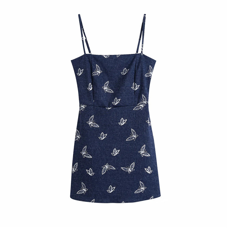 Women'S Fashion Temperament Butterfly Printing Denim Slip Dress