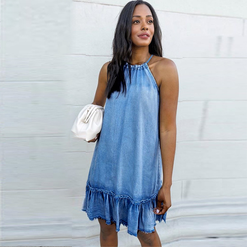 Summer Women Elegant Sweet Sleeveless Denim Halter Neck Dress