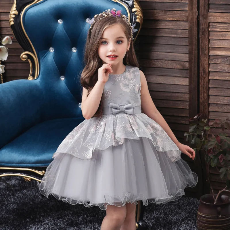 Kids Toddler Girls Fashion Party Cute Sweet Color Matching Embroidery Bow Pleated Sleeveless Mesh Party Tutu Dress