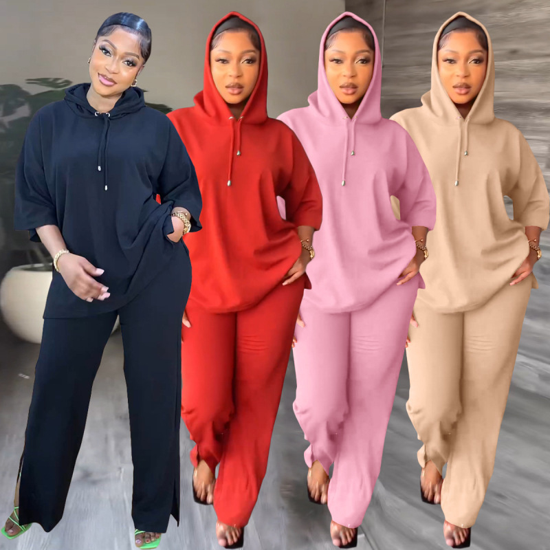 Women Casual Soloid Color Long Sleeve Hoodie And Pants Two-Piece Set