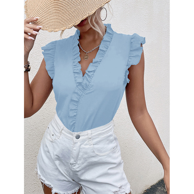 Summer Casual Women Short-Sleeved Solid Color V-Neck Ruffled Shirt Blouse