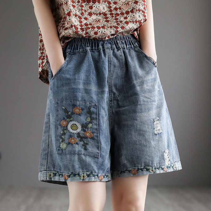 Women Fashion High Waist Embroidered Ripped Denim Shorts